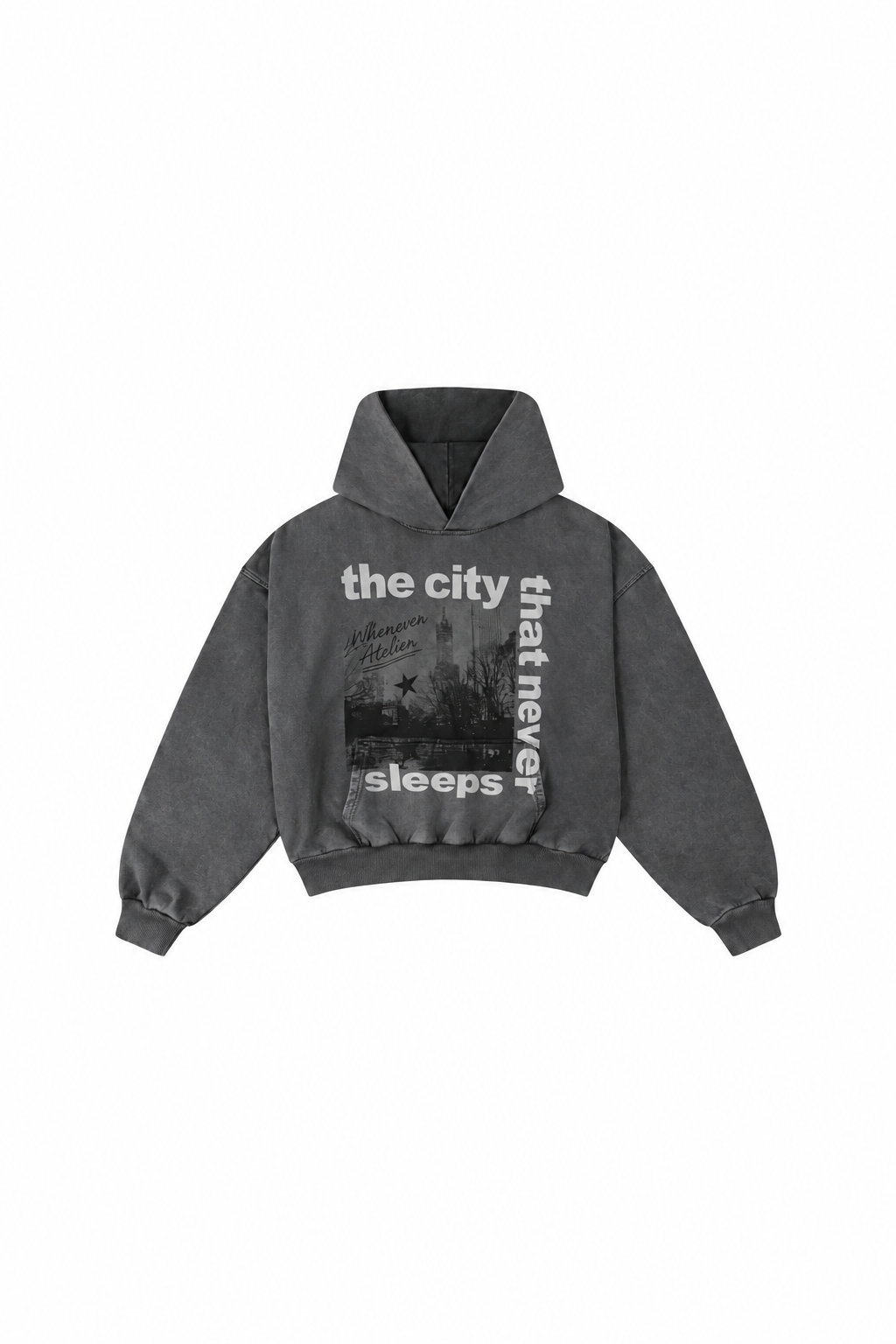 "WHENEVER" CITY NEVER SLEEPS WASHED HOODIE/ VINTAGE GREY