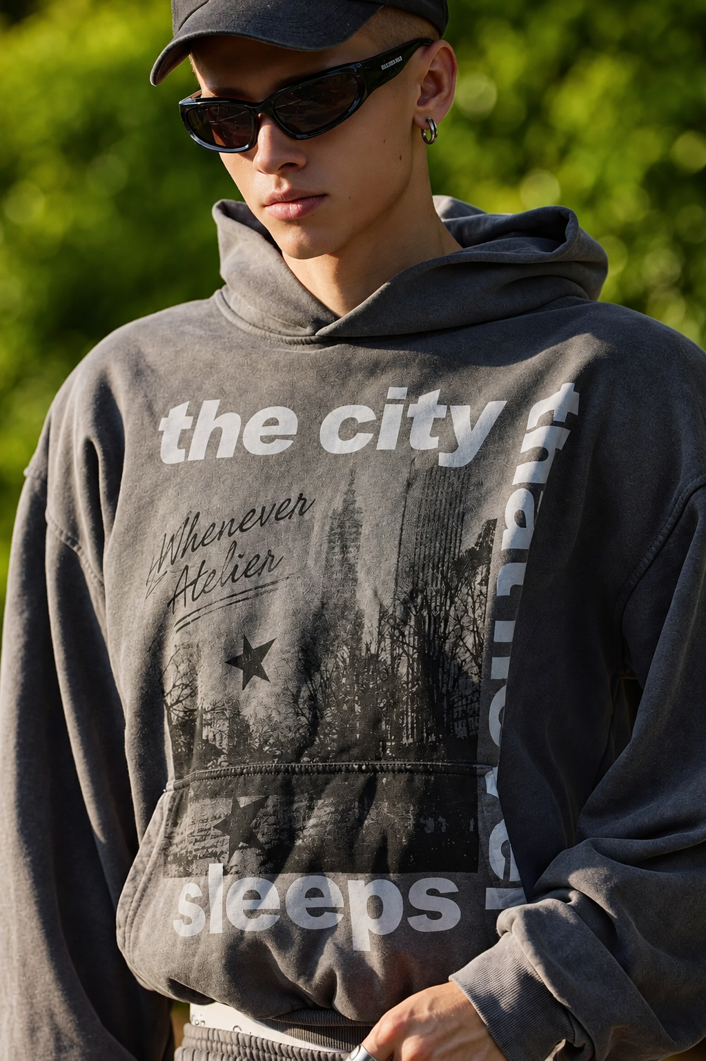 "WHENEVER" CITY NEVER SLEEPS WASHED HOODIE/ VINTAGE GREY